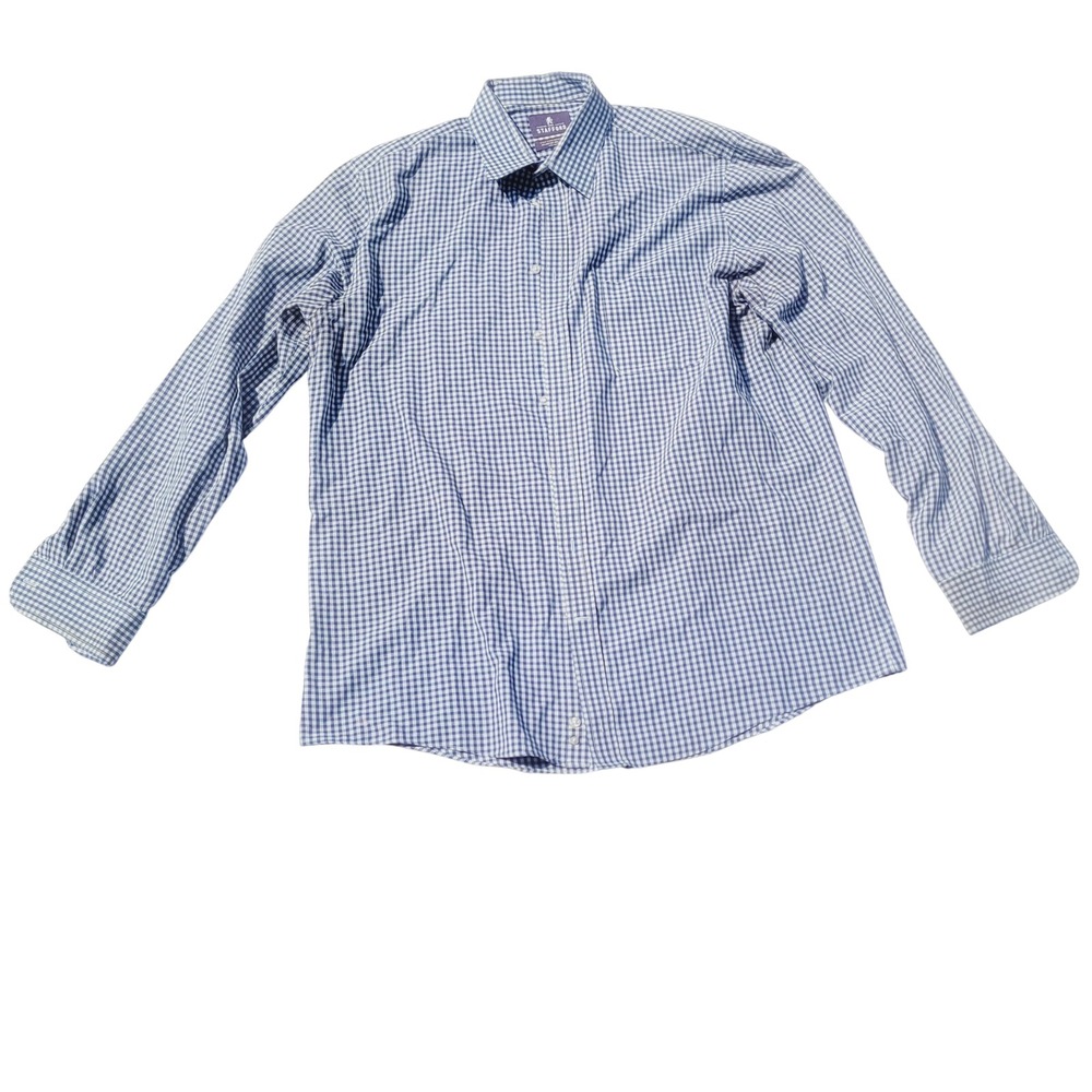 Stafford Easy Care Broadcloth Dress Shirt Mens 17 (36-37) Blue Gingham Fitted N2